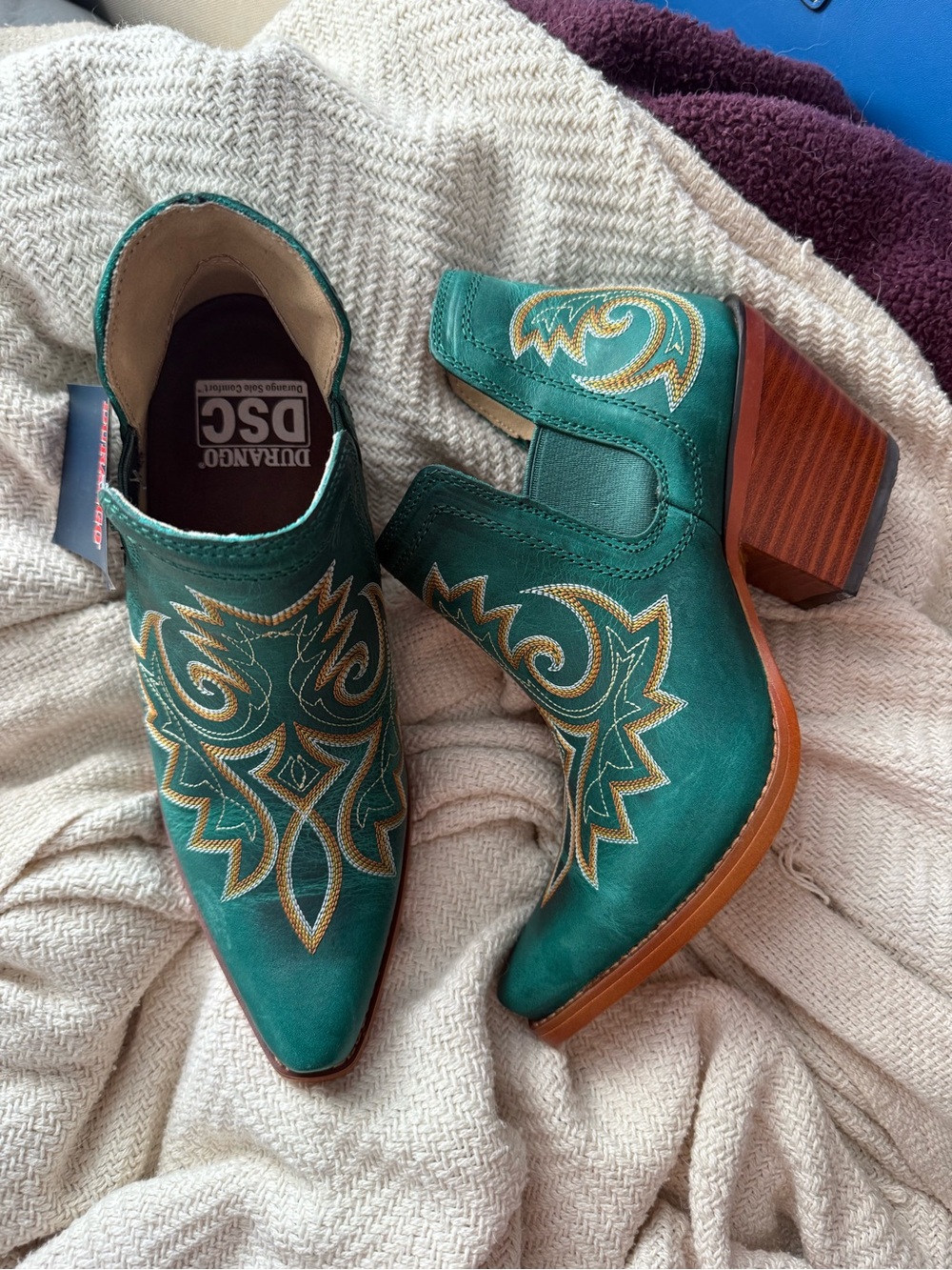 Durango Teal Western Cutout Ankle Booties with Gold Embroidery